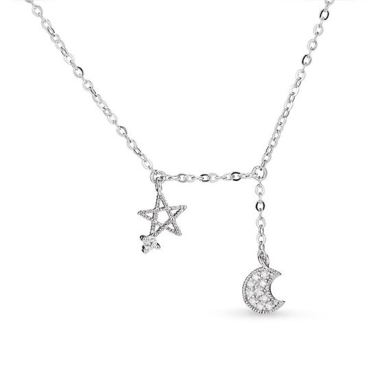 Sterling Silver Moon and Star Elegant Necklace, Rhodium Plated, AAA Grade Cubic Zirconia, 15.7in Plus 2in Extender Chain, Enchanting