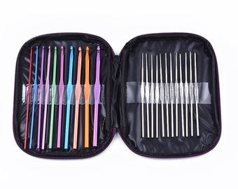 22 Piece Crochet Hook Set, Purple Zipper Storage Bag, Aluminum and Iron, Mixed Colors, Mixed Sizes, Starter Crochet Kit, 150x4~9mm, 120x5mm