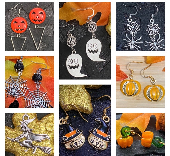 Halloween Earrings, Clip-On Earring Request Available, Hypoallergenic, Ghost, Pumpkin, Skeleton, Witch Kitties, Spider Webs, Glass Pumpkin