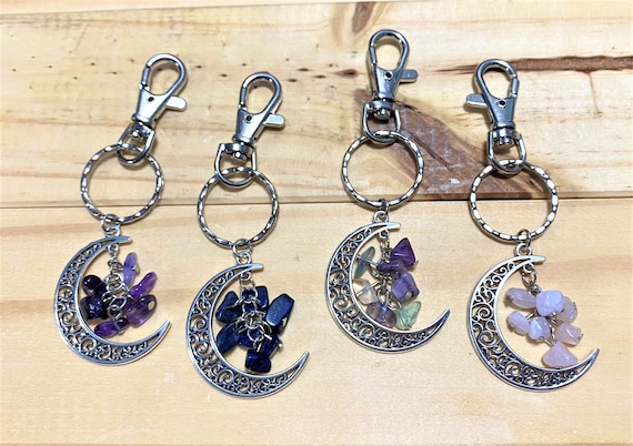 Mystical Moon Keychain with Gemstones, Amethyst, Rainbow Fluorite, Lapis Lazuli, Rose Quartz, Silver, Gemstone Accessory Gift,