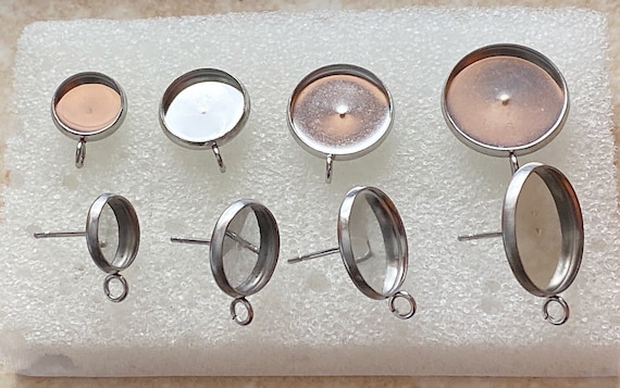 5 or 10 Pairs Bezel Cup 8-10-12-14mm Tray With Loop Earring Studs, Stainless Steel Hypoallergenic, Cabochon Settings, Flat Round, Blanks