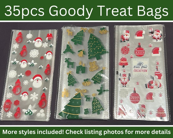 35pcs Mix Style Christmas Holiday Cellophane Bags, 10x5in, for Candy, Cookies, Soap, Candle, Treats, Goody Bag, Festive, Bulk, Tree, Santa