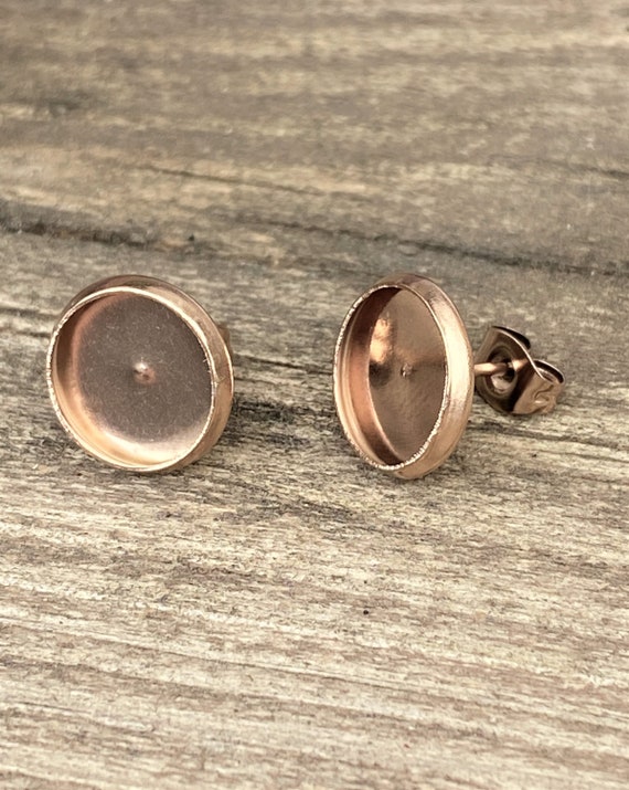 5 or 10 Pairs of Antique Rose Gold Stainless Steel Bezel Cup Earring Studs, Hypoallergenic, 10mm Tray, DIY Cabochon Earrings, Flat Round