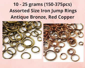 May include: Assorted size iron jump rings in antique bronze and red copper. The image shows a collection of open metal rings, ideal for jewelry making and crafts. The text on the image reads: 10 - 25 grams (150-375pcs).
