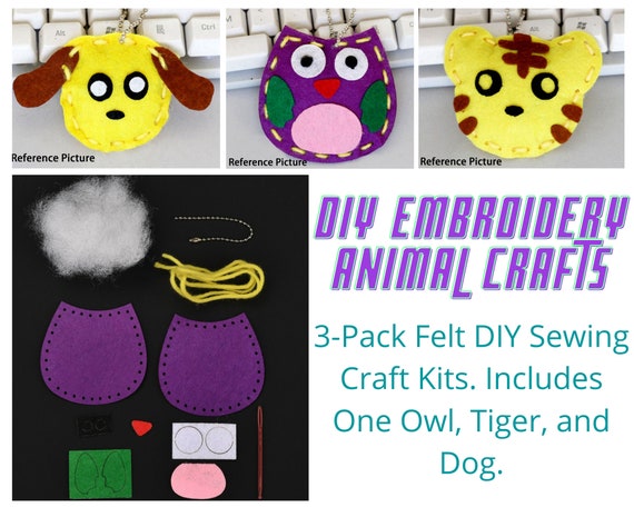 3-Pack Sewing Embroidery Animal DIY Keychain Craft Kit for Kids. Includes One Each Dog Tiger Owl. Plastic Needle. Summer Crafts. DIY Gifts