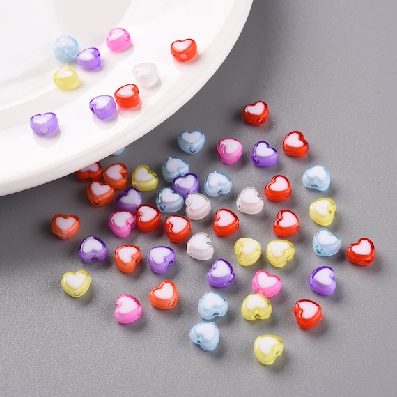 100 Heart Acrylic Beads, Small, Mix Color, 8mm, Transparent, DIY Craft, Jewelry Making, Kid's Crafts, Rainbow Beads, Valentine's Day, Love