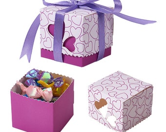 50 Party Favor Boxes, Gift Box, Wedding Favors, Purple, Hearts, Cute, Ribbon, DIY Candy Box, Love, Product Packaging, Unique Gift Wrapping