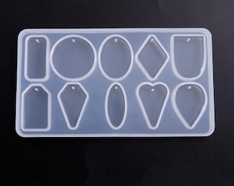 DIY Pendant Jewelry Silicone Mold, 10 Shapes with Pin Hole, Resin, Epoxy, Rectangle, Teardrop, Circles, Mixed Shapes, Oval, Heart, Diamond
