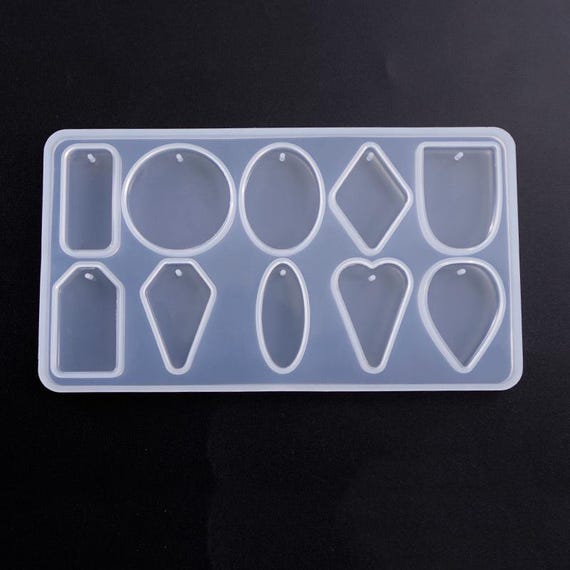 DIY Pendant Jewelry Silicone Mold, 10 Shapes with Pin Hole, Resin, Epoxy, Rectangle, Teardrop, Circles, Mixed Shapes, Oval, Heart, Diamond