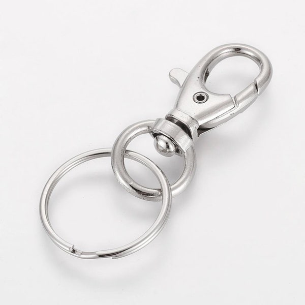 1, 5 or 10 Iron Swivel Keychain Clasps with 25mm Split Ring, Silver/Platinum, Purse Strap, Dog Leash, DIY Keychains, Lanyard, Keyring Bulk