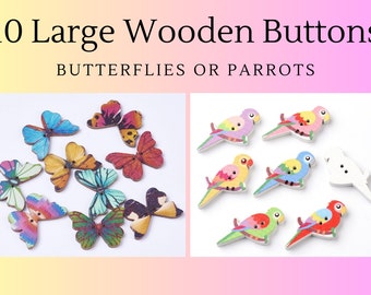 10 Stück Holzknöpfe Schmetterling oder Papagei, 2-Loch, gefärbt, gemischte Farben, Schmetterling Vogel Charms, Kleidung, Nähen, Kinderhandwerk, große Knöpfe