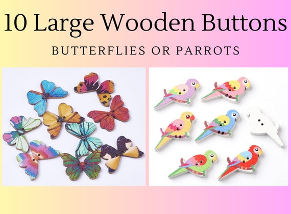 10pcs Wooden Butterfly Or Parrot Buttons, 2-Holes, Dyed, Mixed Colors, Butterfly Bird Charms, Clothing, Sewing, Kid's Crafts, Large Buttons