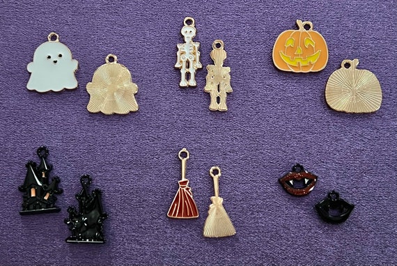6 or 12 Halloween Charms, Golden, Black, Pendants, Pumpkin, Broom, Vampire, Skeleton, Ghost, Witch, DIY Halloween Jewelry, Fall