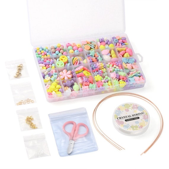 595 Pieces(approx) Colorful Jewelry & Hair Making DIY Kit for Kids, Acrylic Beads, Steel Jump Rings, Scissors, Iron Head Band, Mixed Colors