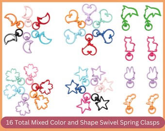 16 Swivel Spring Clasp Keychain Clips, Spray Painted, Mixed Colors and Shapes, Small, Moon, Flower, Star, Cat, Cloud, Dolphin, Rainbow