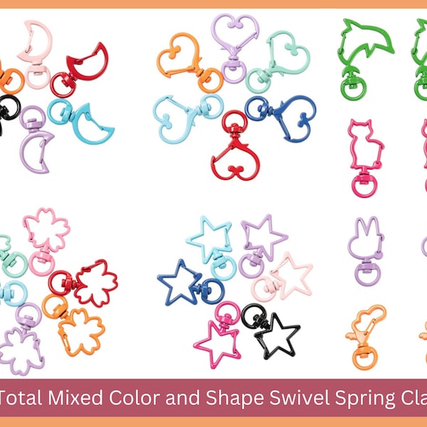 16 Swivel Spring Clasp Keychain Clips, Spray Painted, Mixed Colors and Shapes, Small, Moon, Flower, Star, Cat, Cloud, Dolphin, Rainbow