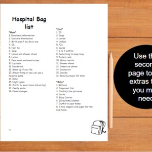 May include: A printable checklist for packing a hospital bag for a new mom, dad, and baby. The list is divided into three sections: "Mom", "Dad", and "Baby".  The checklist includes items such as insurance information, toiletries, and clothing.