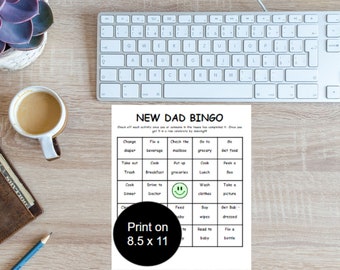 Bingo. New Dad. Instant Download. Prefilled. Fun way to spend time. Simple and Fun. Bingo Fun.