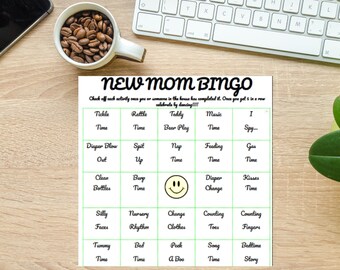 New Mom Bingo. Instant Download. Prefilled. Fun way to spend time. Simple and Fun. Bingo Fun.
