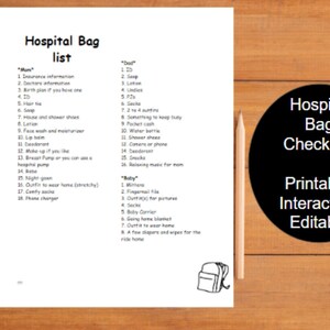 May include: A printable checklist for packing a hospital bag for a new mom, dad, and baby. The checklist is divided into three sections: "Mom", "Dad", and "Baby". Each section includes a list of items to pack, such as toiletries, clothing, and other essentials.