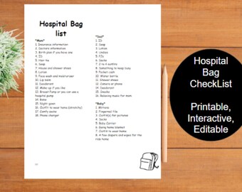 Hospital Bag Checklist, Labor and Delivery, Baby Checklist, Hospital Bag Printable, Prefilled and Editable Hospital Bag List, Pregnancy List