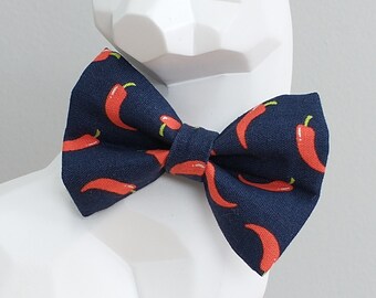 Cat Bow Tie and Collar - Red Hot Peppers on Navy - Breakaway Collar