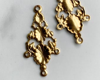 Gold brass Art Deco Flower Connector, Chandelier Connectors LOT of 4, 31X16mm brass stamping hollow back, one loop, three loops Art Nouveau