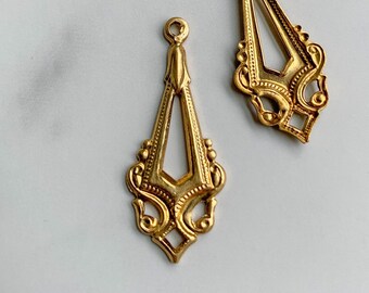 Gold brass Art Deco Connector, Edwardian Chandelier Connectors LOT of 4, 33X17mm brass stamping hollow back, one loop, one loop bottom