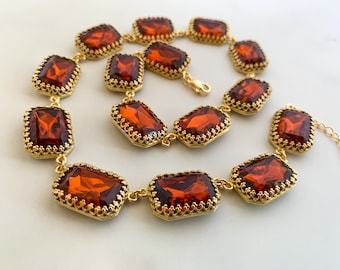 MADIERA Topaz Glass ART DECO Necklace, vintage 13X18 Octagon Large glass in Madiera Red Brown 16k Gold Paste Art Deco Reproduction Necklace