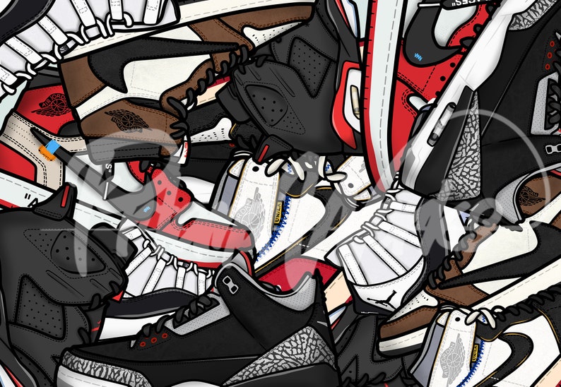 A Pile of Jordans Sneakers Digital Artwork Poster Room Etsy