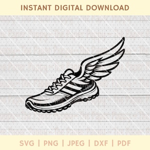 May include: Black and white graphic of a running shoe with wings, a symbol of speed and movement. The shoe has a detailed design with laces, stripes, and a textured sole. The words "INSTANT DIGITAL DOWNLOAD" are at the top.
