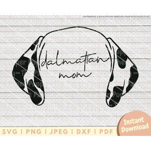 May include: Black and white silhouette of a dalmatian dog's head with the text "dalmatian mom" in a handwritten font.