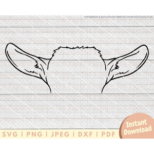 May include: Black and white line art illustration of a donkey's head with large ears. The donkey's head is facing forward and the ears are pointed upwards.