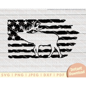 Elk SVG File - PNG, PDF, Dxf, Cut File for Cutters and More - Elk in Distressed American Flag Digital Download Vector - Elk Hunting svg