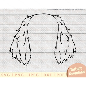 May include: Black and white line art illustration of a fluffy dog's head with long, shaggy hair. The dog's ears are floppy and the hair is drawn in a detailed, textured style.
