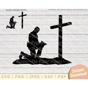 May include: Black silhouette of a person kneeling before a cross, with a book or tablet in their hands. The image includes a smaller silhouette of a person kneeling and a cross. The words "Instant Download" are in a circle.
