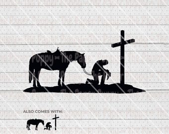 Arquivo SVG de Cowboy Orando - PNG, PDF, DXF, Arquivo de Corte para Plotters e Mais - Download Digital de Cowboy e Cavalo - Vetor de Clipart de Cowboy Ajoelhado