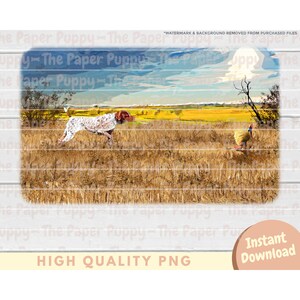 May include: A digital illustration of a brown and white hunting dog standing in a field of tall grass, looking to the right. A pheasant is in the background, also looking to the right. The sky is blue with white clouds.