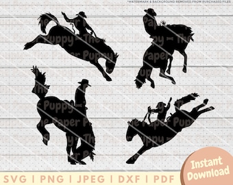 Könnte beinhalten: Vier schwarze Silhouetten von Cowboys, die auf buckelnden Pferden reiten. Die Cowboys tragen Hüte und die Pferde sind in der Luft mit ausgestreckten Beinen.
