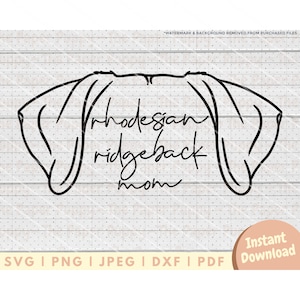 Puede incluir: Ilustración en blanco y negro de línea de arte de la cabeza de un perro Rhodesian Ridgeback con el texto "Rhodesian Ridgeback mom" debajo.