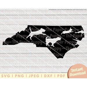 May include: A black silhouette of the state of North Carolina with white silhouettes of dogs running across the state. The text "The Paper Puppy" is repeated throughout the image.
