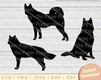 May include: Three black silhouette images of a husky dog in different poses. The dog is standing, sitting, and walking. The images are on a white background with a wood grain texture.