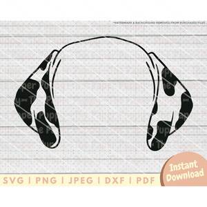 May include: Black and white silhouette of a Dalmatian dog's head with spots. The dog is looking to the right. The image is suitable for use as a cut file for crafting projects.