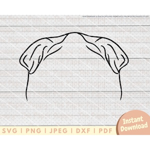 May include: Black and white line art illustration of a dog's head with floppy ears. The dog's head is facing forward and the ears are hanging down on either side of the head.