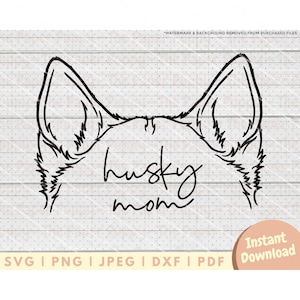 Könnte beinhalten: Schwarz-weiße Linienzeichnung von den Ohren eines Husky-Hundes mit dem Text "husky mom" darunter.