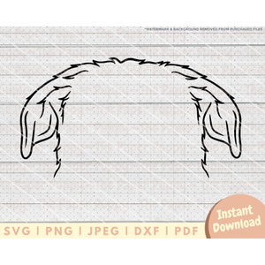 May include: Black and white line art illustration of a dog's head with fluffy ears. The dog's face is not visible, only the ears and top of the head.