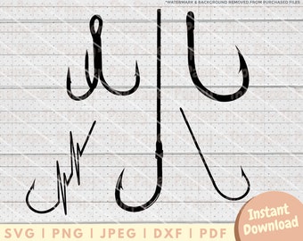 May include: A set of five black fishing hooks, including a double hook, a single hook, and three J-shaped hooks. The hooks are isolated on a white background.