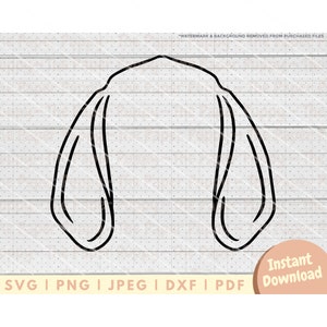 May include: Black and white line art illustration of a dog's head with floppy ears.