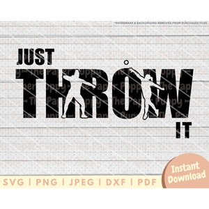 Op de afbeelding: Zwart-wit grafisch ontwerp met de tekst "Just Throw It" met silhouetten van twee mensen die een schijf gooien.