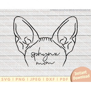 May include: Black and white line art illustration of a Sphynx cat's head with the text "sphynx mom" underneath.